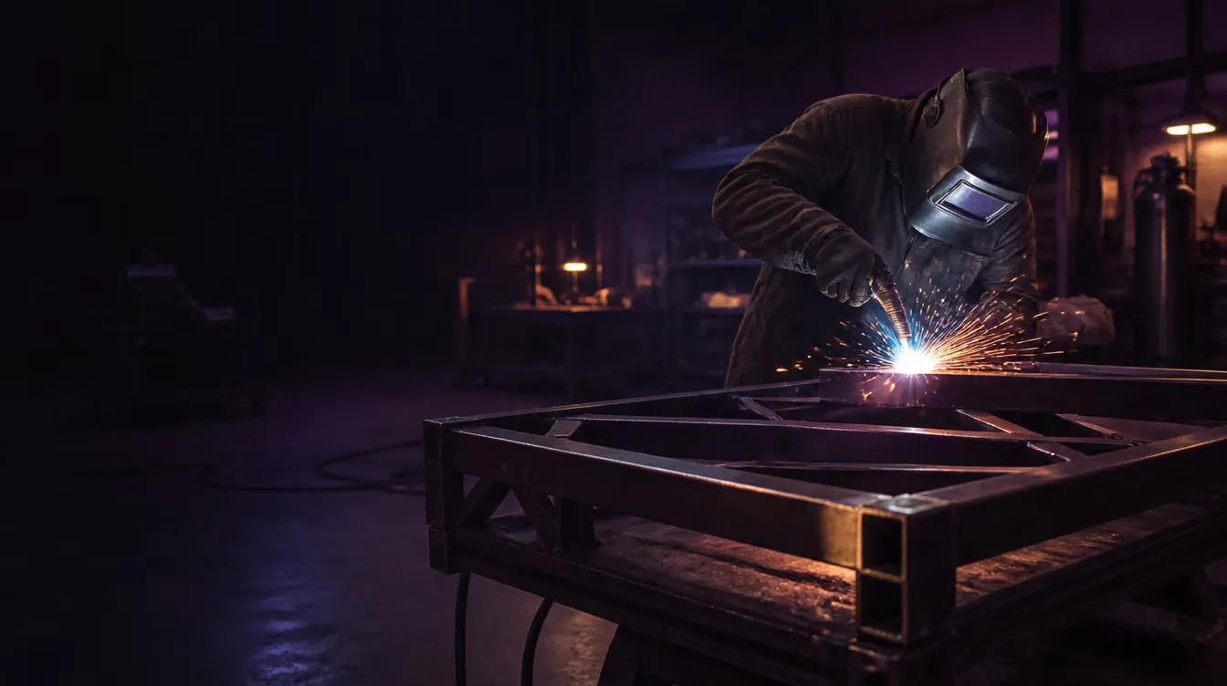 Welder MIG-welding a custom steel frame in a shower of sparks at a fabrication shop